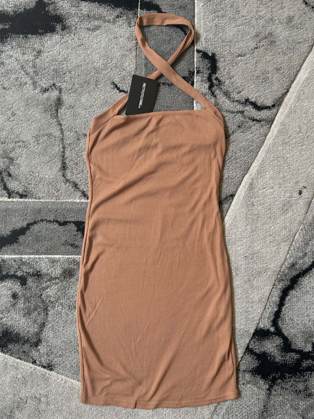 PrettyLittleThing Tan Ribbed Halter Bodycon Dress